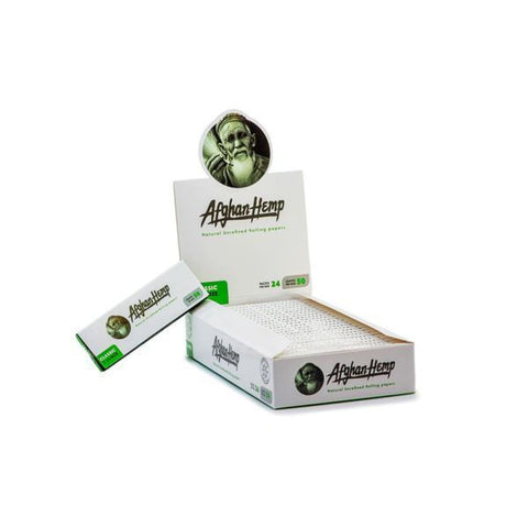 Rebranded Afghan Hemp rolling paper booklets featuring a bearded man on the packaging