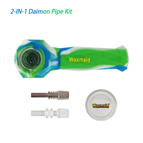 Colorful Waxmaid Daimon 2-in-1 pipe with green-blue swirl pattern and branding