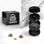 Herb grinder with skull logo and cannabis buds, Ruckus Black 4-Piece in Custom Ruckus Box