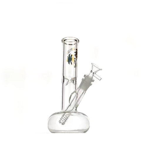 Straight bubble base bong with a palm tree design and angled mouthpiece for cool hits