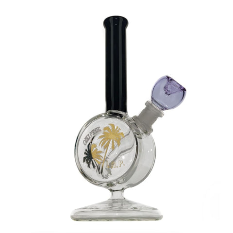 Dependable Straight-Shooter Barrel Bong with palm tree design & purple accent - 9 Inch Glass