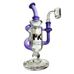 Glass inline recycler bong with purple accents and ’MK’ logo for Thanksgiving